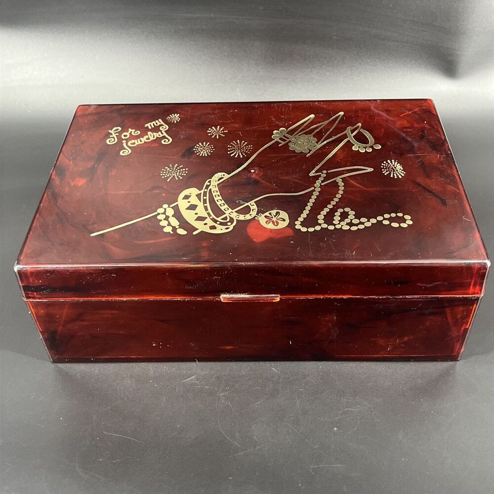 MCM Plastic Jewelry Box Brown Tortoiseshell Gold Graphic Imprint 9.75x6.5x3.75